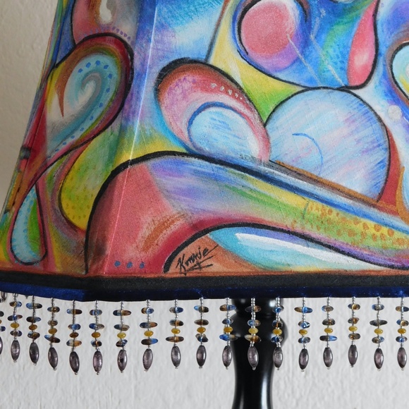 Large Hand Painted 360 Degrees Abstract Beaded Lg Square Lampshade - Picture 4 of 10
